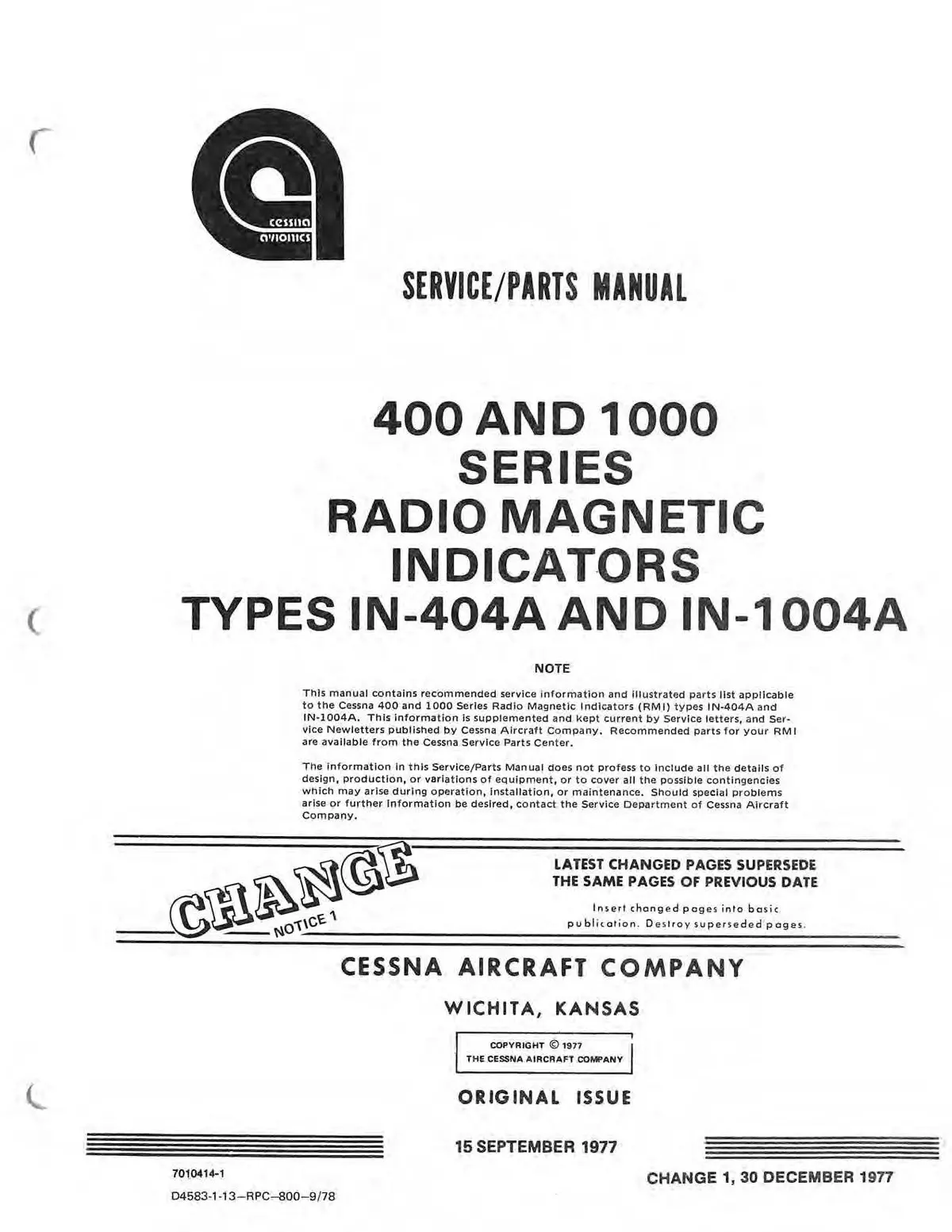 Cessna 400 & 1000 Radio Magnetic Indicators Types In-404A& N-1004A Service/Parts Manual D4583-1-13 1