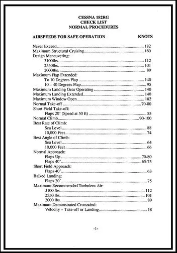 Cessna R182 Skylane Rg Pilot's Checklist (Ce182rg-Cl-C) 1