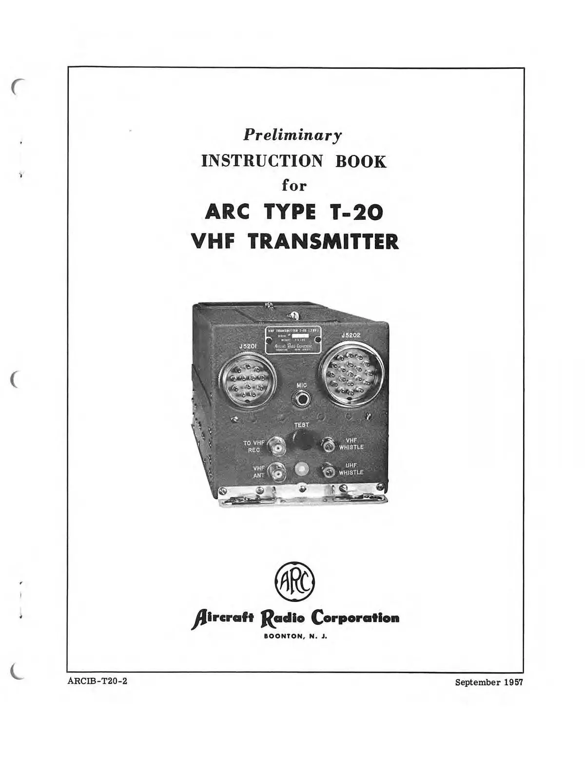 Aircraft Radio Corporation Arc Type T-20 Vhf Transmitter Preliminary Instruction Book 1