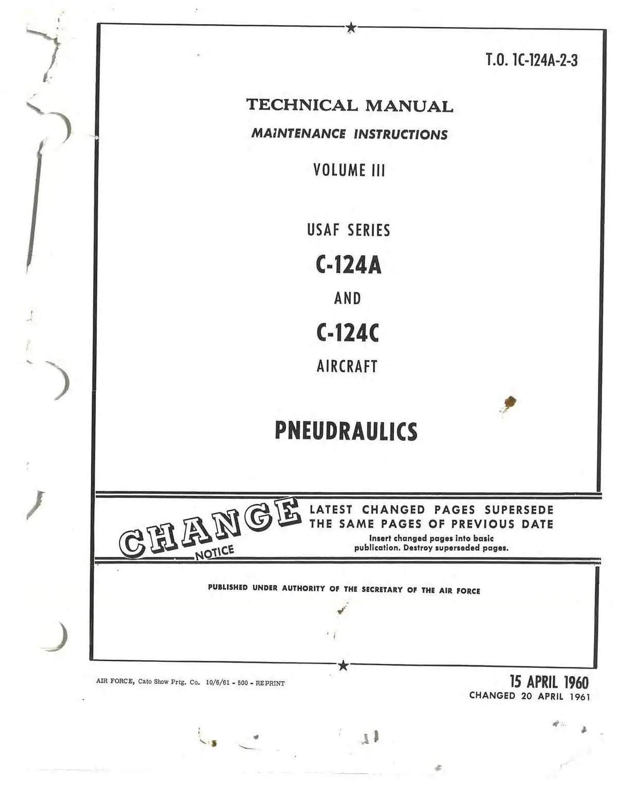 Mcdonnell Douglas C-124A And C-124C Maintenance Instructions Volume Iii Pneudraulics (1C-124A-2-3) 1