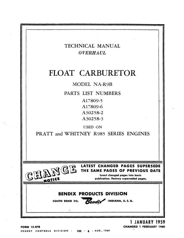 Bendix Na-R9bstrombergfloatcarb 1955 Overhaul-Parts-Service Bulletins (Bxnar9b) 1