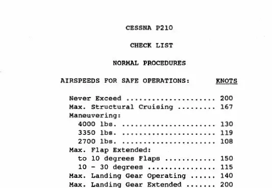 Cessna P210 Pilot's Checklist 1