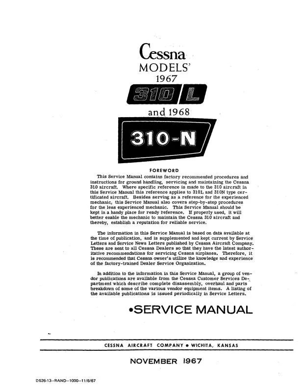 Cessna 310L 1968 310N 1967-68 Maintenance Manual 1
