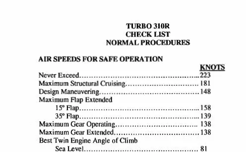 Cessna Turbo 310 Pilot's Checklist 1