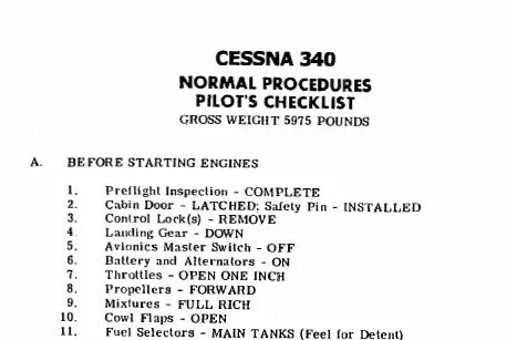 Cessna 340 Pilot's Checklist (Ce340clc) 1