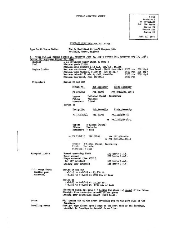 Dehavilland D.H. 114 Series 2A,2Da&2X 1966 Aircraft Specification (A-816) 1