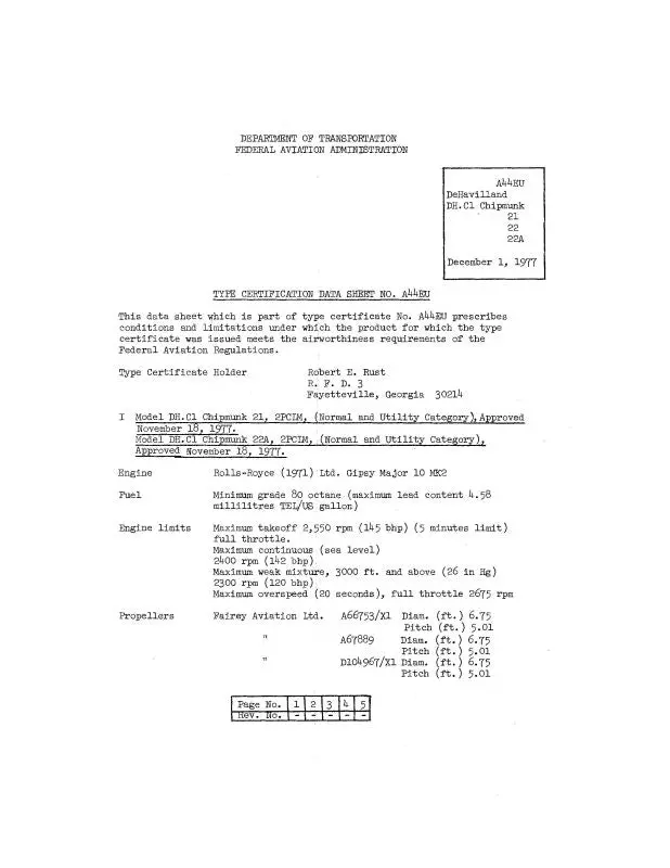Dehavilland Dh.C1 Chipmunk 21,22,22A 1977 Aircraft Specification (A44eu) 1