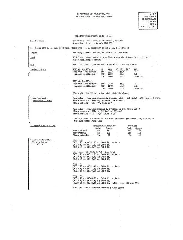 Dehavilland Dhc-3 Otter 1975 Aircraft Specification (A-815) 1