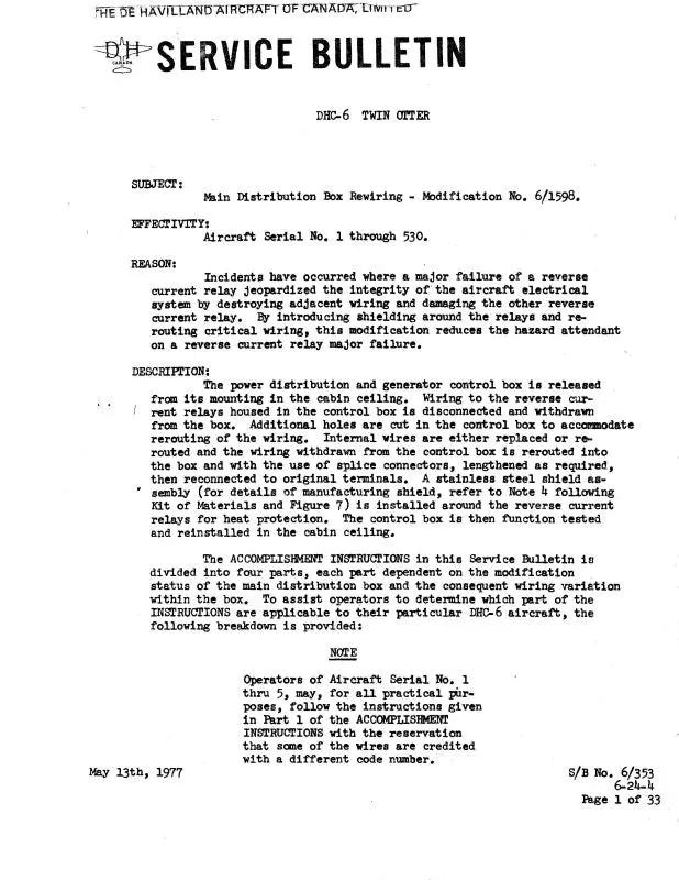 Dehavilland Dhc-6 Twin Otter 1977 Service Bulletin (Dedhc6-77-Slb-C) 1