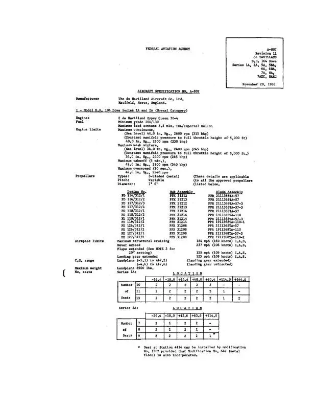 Dehavilland Dove D.H. 104 Series 1966 Aircraft Specification (A-807) 1