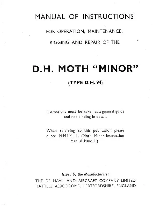 Dehavilland D.H. Moth Minor Type D.H. 94 Operation, Maintenance, Rigging & Repair (Dedh94-Om-C) 1