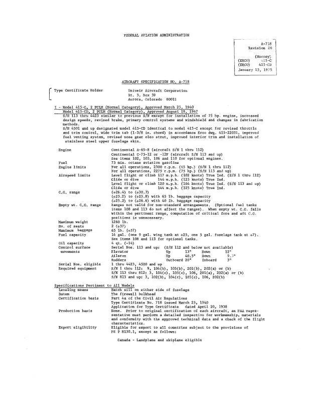 Ercoupe Erco 415C, Cd 1975 Aircraft Specification (Spec.-No.-A-718) 1