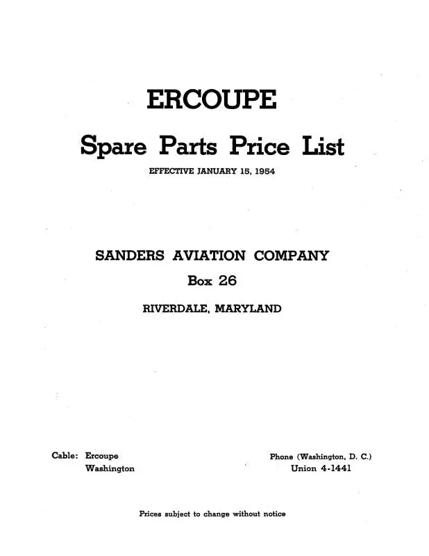 Ercoupe  Parts Price List Parts Price List (Erair-P-C) 1