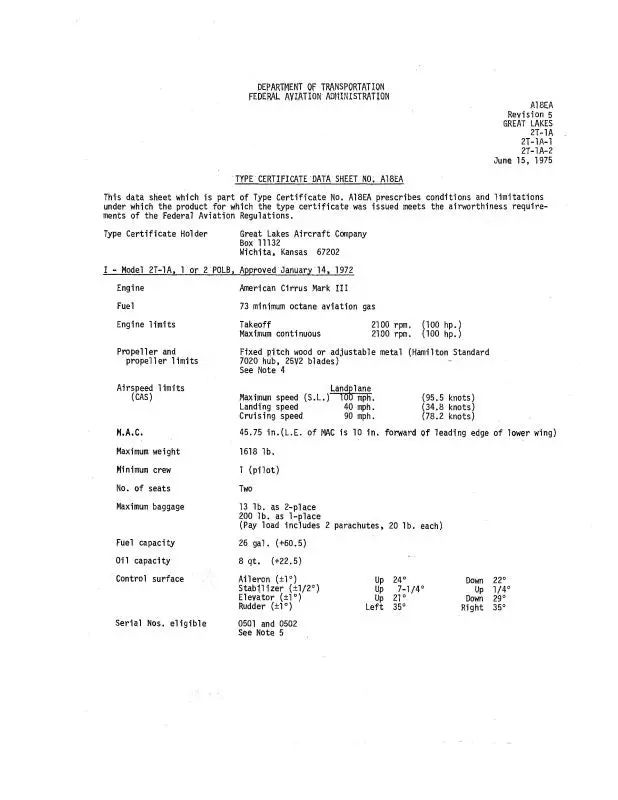 Great Lakes 2T-1A, -1, -2 Data Sheet Aircraft Specifications (A18ea) 1