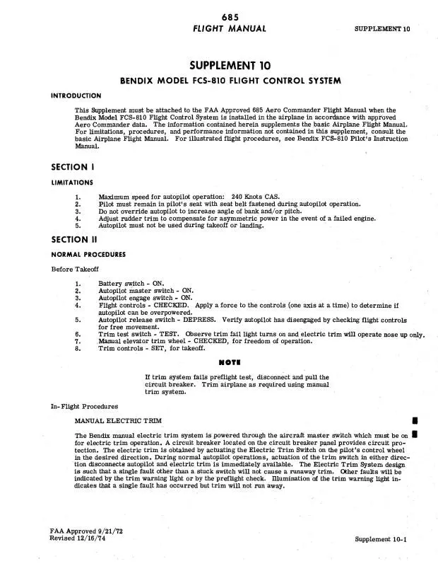 Bendix Fcs-810 Flight Control System Flight Manual Supplement 10 (Bxfcs810-F-C) 1