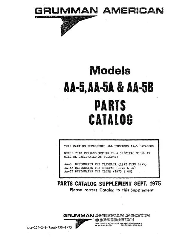 Grumman Aa-5, Aa-5A & Aa-5B 1975 Parts Catalog (Aa5-134-2-1) 1