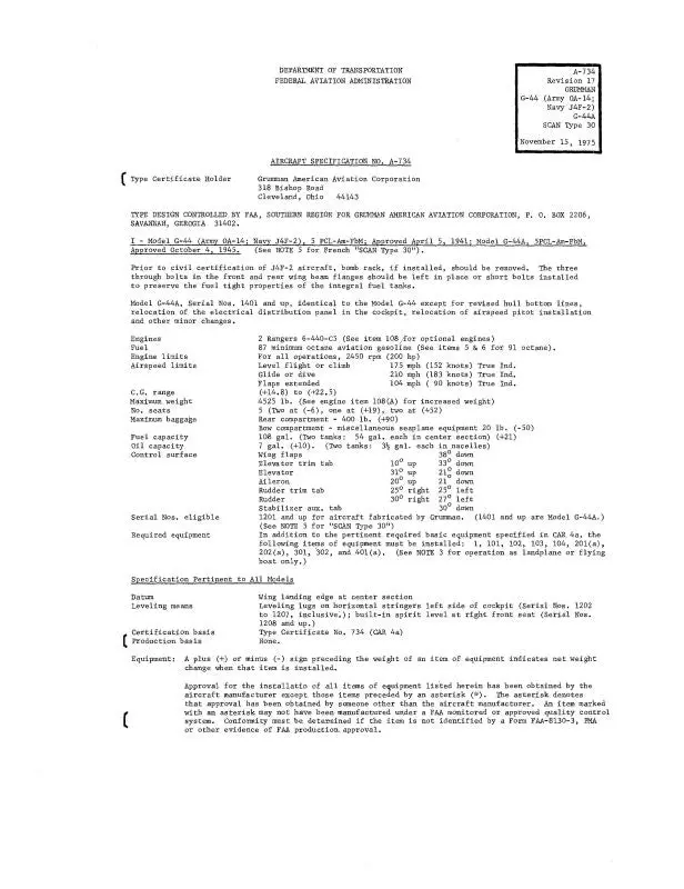 Grumman G-44 Widgeon A-734 Aircraft Specifications (Grg44-75-Specc) 1