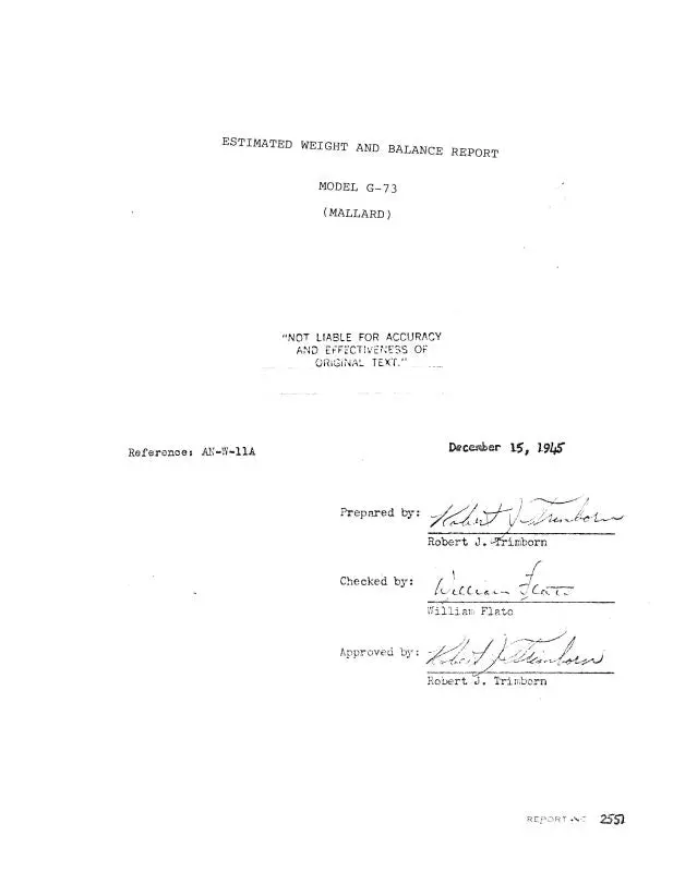 Grumman G-73 Mallard 1945 Estimated Weight & Balance Report (An-W-11A) 1