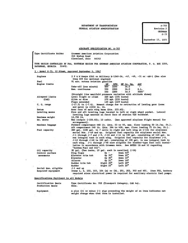 Grumman G-73 Series, Spec.# A-783 Aircraft Specification (Grg73-75-Spec-C) 1