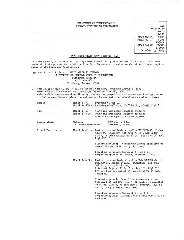 Helio Aircraft Corporation H-250 1973 Revision 20 Aircraft Specification (Spec.-No.-1A8) 1