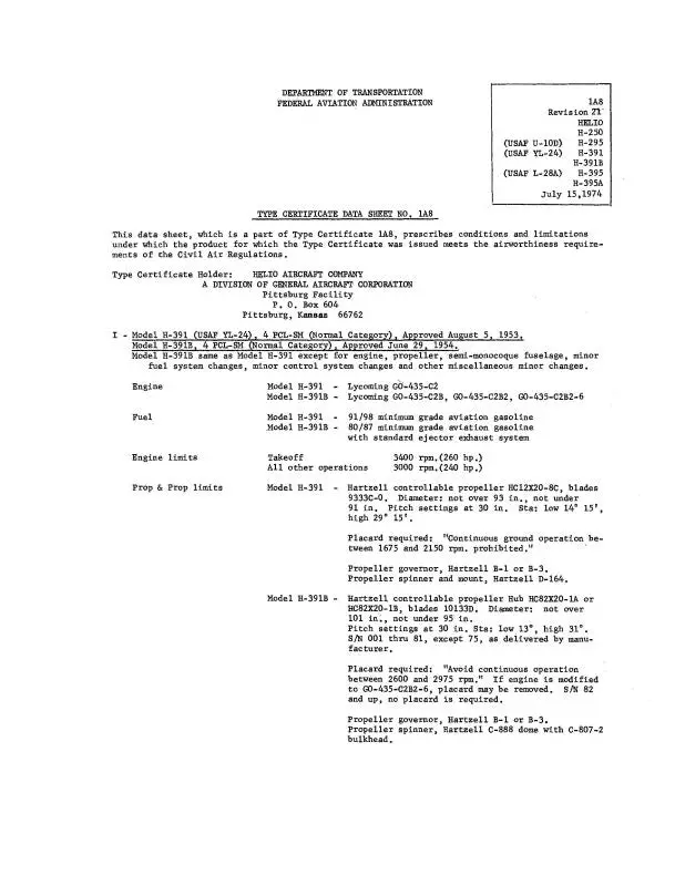 Helio Aircraft Corporation H-250 1974 Revision 21 Aircraft Specification (Heh250-74-Sp-C) 1
