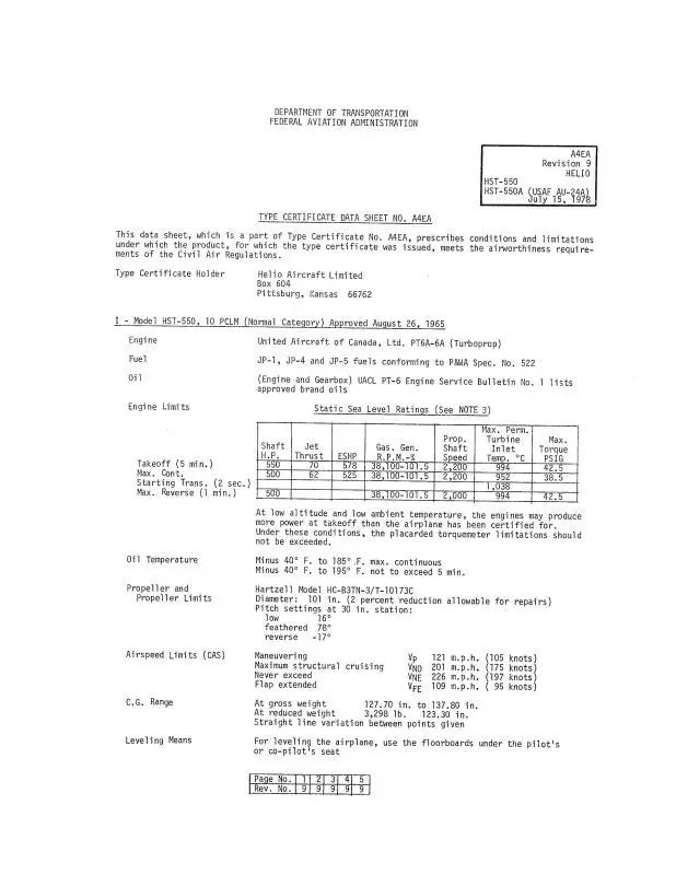 Helio Aircraft Corporation Hst-550 & Hst-550A 1978 Aircraft Specification (A4ea) 1