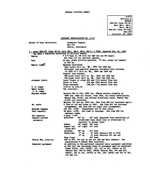 Howard Dga Series Specs A-717 Aircraft Specifications (Hrdga-Sp-C) 1