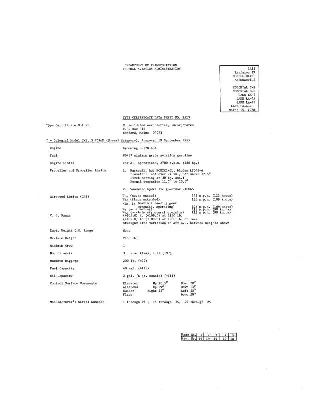 Lake Aircraft Colonial C-1,2,Lake La-4,A,P Aircraft Specification (Spec.-No.-1A13) 1