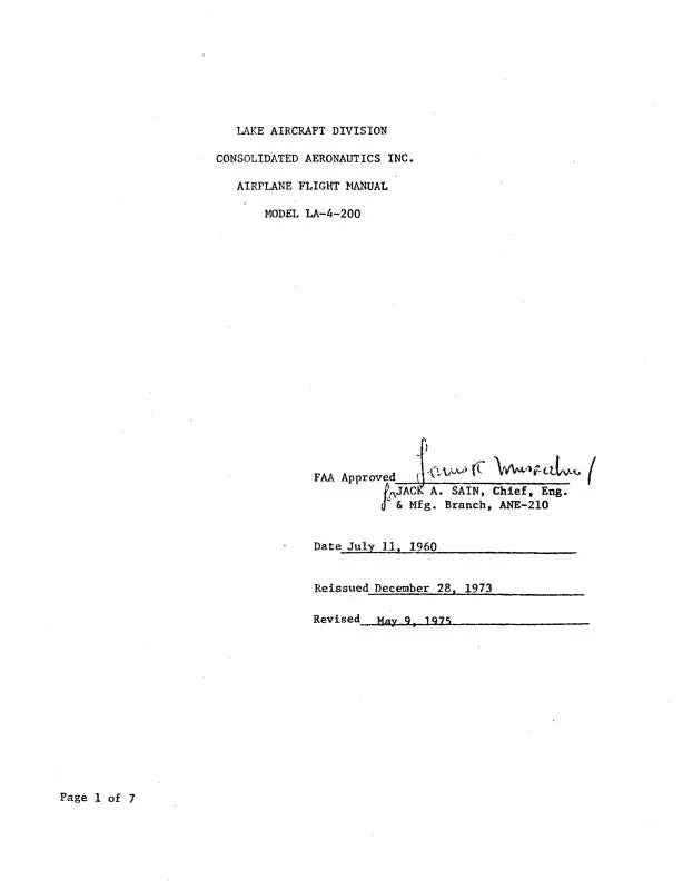 Lake Aircraft La-4-200 1973 Flight Manual (Lkla4200-73-F-C) 1