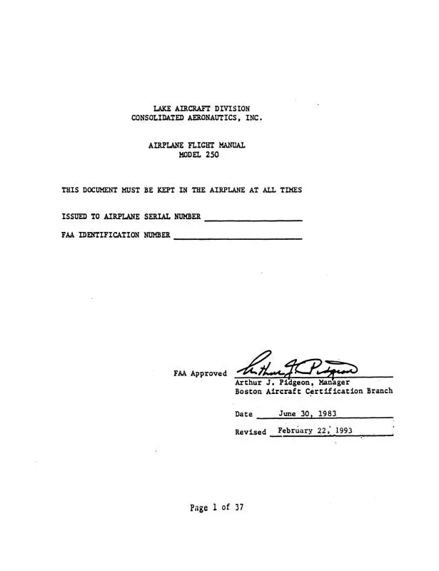 Lake Aircraft Model 250 Flight Manual (Lkmod250-F-C) 1