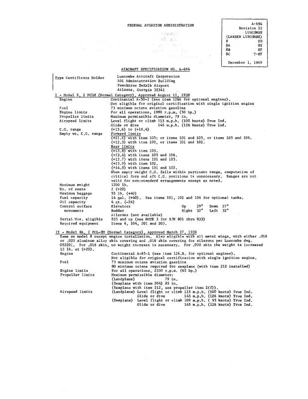Luscombe 8,A-F, T-8F 1969 Aircraft Specification (Spec.-No.-A-694) 1