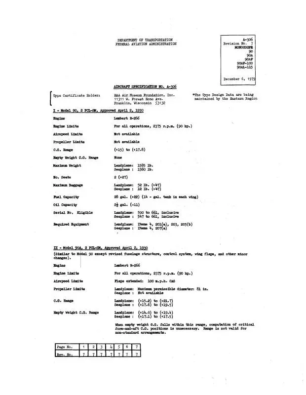 Monocoupe 90,A,Af,90Af-100,90Al-115 1966 Aircraft Specification (Spec.-No.-A-306) 1