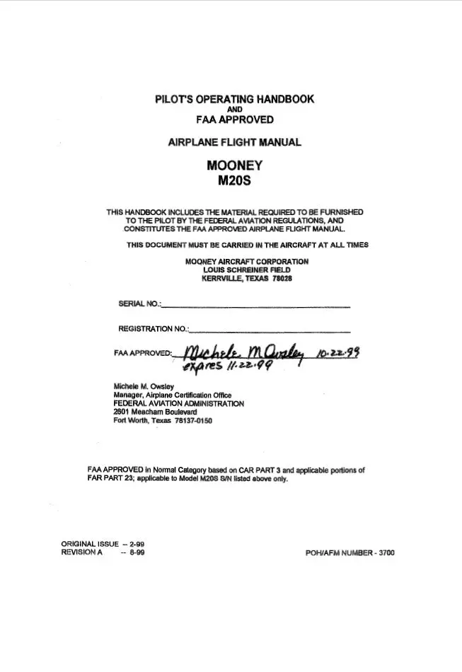 Mooney M20s 1999 Pilot's Operating Handbook (Part# 3700) 1