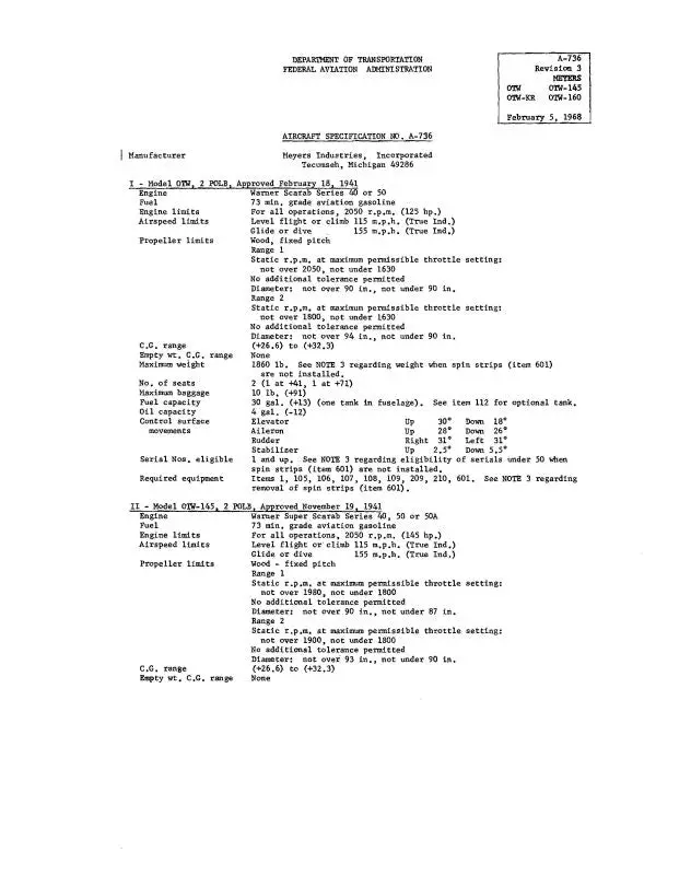 Meyers Aircraft Company Otw,Otw-145,Kr,160 1968 Aircraft Specification (Meotw-68-Sp-C) 1