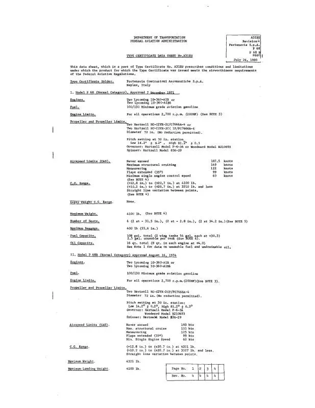 Partenavia P68,B,C 1980 Aircraft Specification (Spec.-No.-A31eu) 1