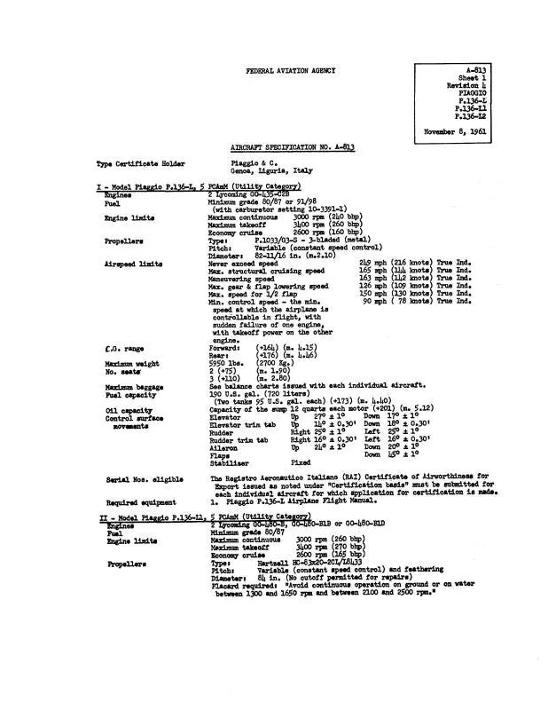 Piaggio P136l, L1,L2 1961 Aircraft Specification (Spec.-No.-A-813) 1