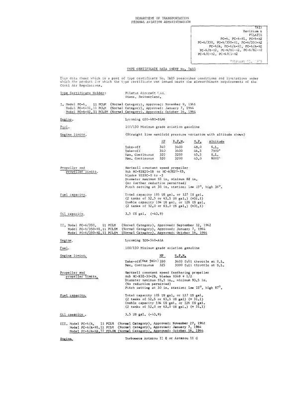Pilatus Pc-6 Series 1975 Aircraft Specification (Plpc6-75-Sp-C) 1