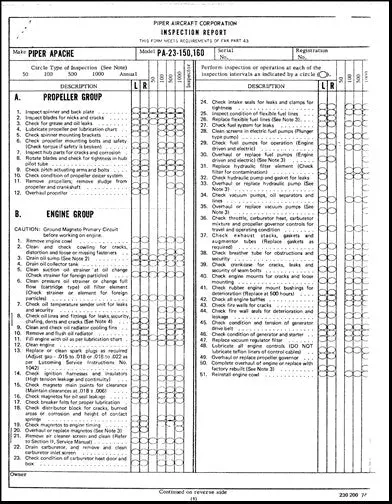 Piper Pa23-150,160 Apache Periodic Inspection Report Forms (230-200) 1