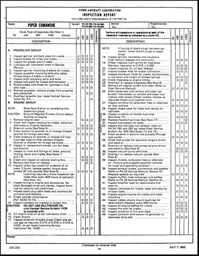 Piper Pa24-180,250,260,400Comanche Periodic Inspection Report Forms (230-203) 1