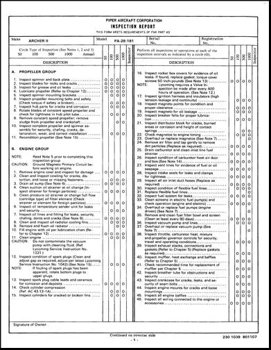 Piper Pa28-181 Archer Periodic Inspection Report Forms (230-1039) 1