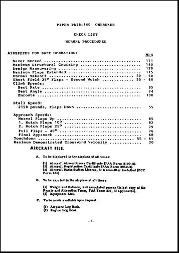 Piper Pa28-140 Cherokee Pilot's Checklist (Pa28140-Cl) 1