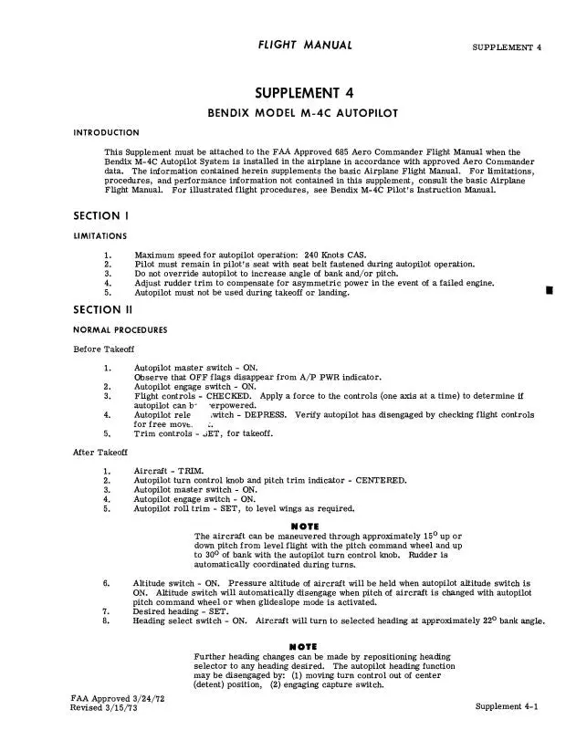 Bendix M-4C Autopilot Flight Manual Supplement 4 (Bxm4c-72-F-C) 1