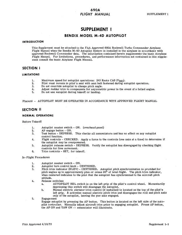 Bendix M-4D Series Flight Manual Supplement (Bxm4d-F-C) 1