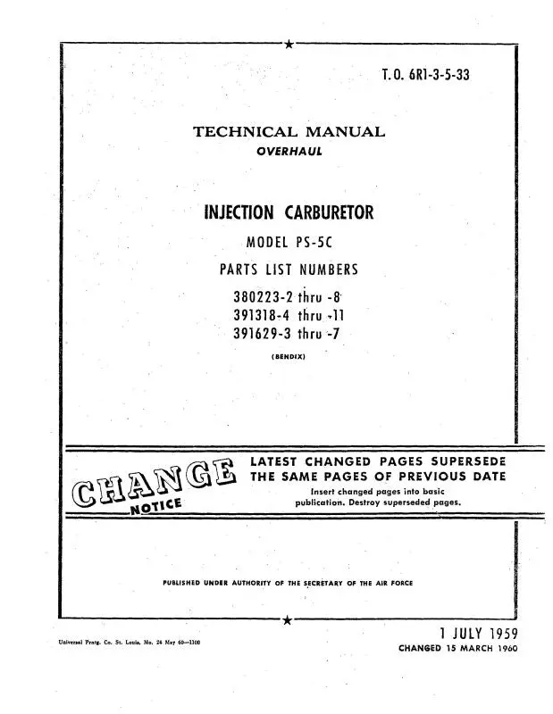 Bendix Ps-5C Injection Carburetor Overhaul Manual (6R1-3-5-33) 1