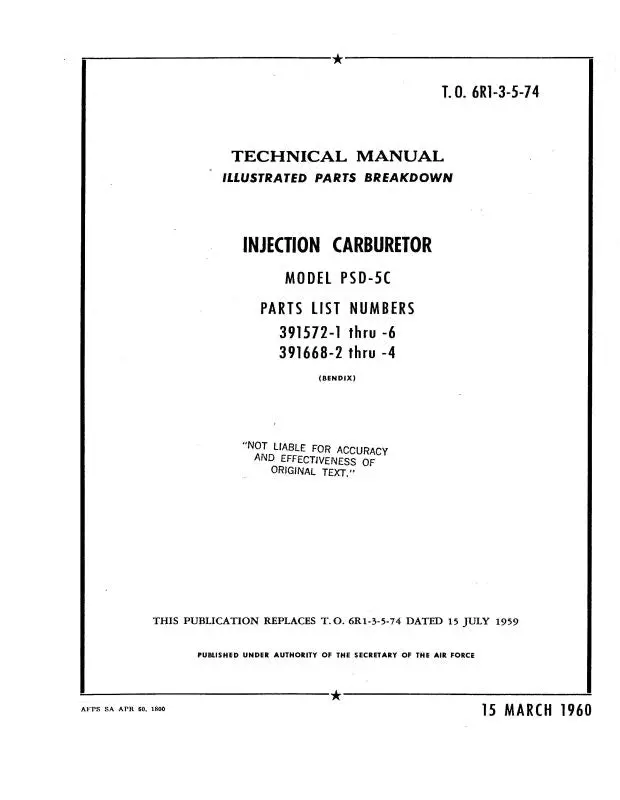 Bendix Psd-5C Injection Carburetor Illustrated Parts Catalog (6R1-3-5-74) 1