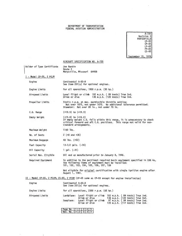 Porterfield Cp-55,65,Lp-65,Fp-65,Cs-65 Aircraft Specification (Spec.-No.-A-720) 1
