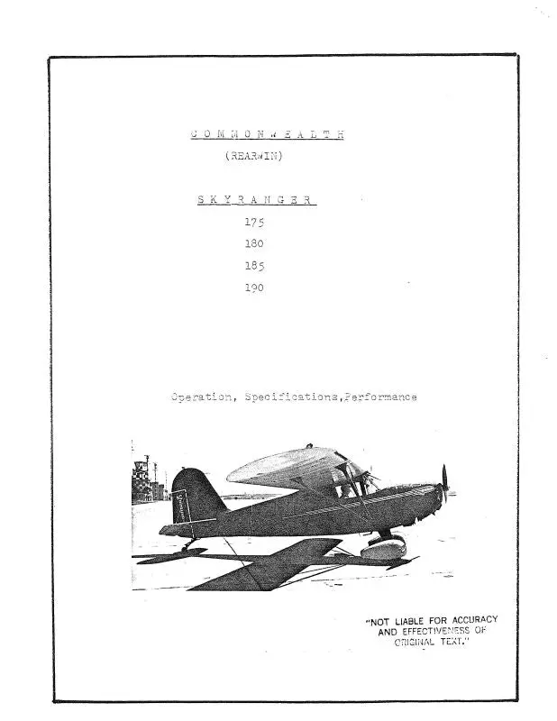 Rearwin Skyranger 175,180,185,190 Operation & Aircraft Specifications Data With Performance (Rw175-Op-C) 1