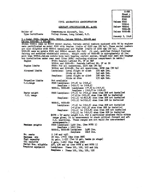 Rearwin 8500 Series 1949 Aircraft Specification (Spec.-No.-A-591) 1