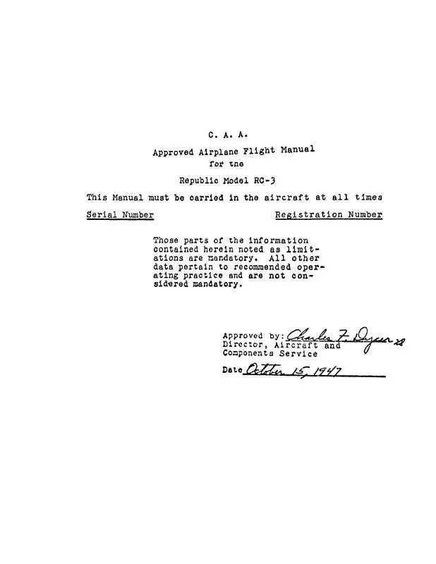 Republic Aviation Rc-3 Seabee 1947 Flight Manual (Rprc3-F-C) 1