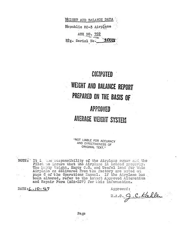 Republic Aviation Rc-3 Seabee Weight & Balance Data (Rprc3-Wb-C) 1